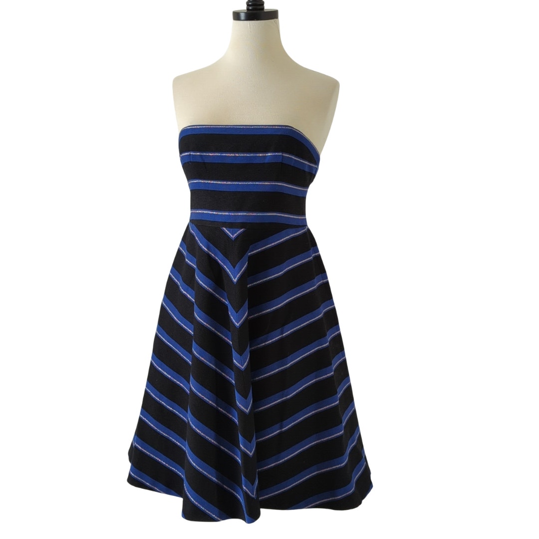 Halston Heritage Women's Striped Mini Dress Blue Black Strapless Fit Flare 2